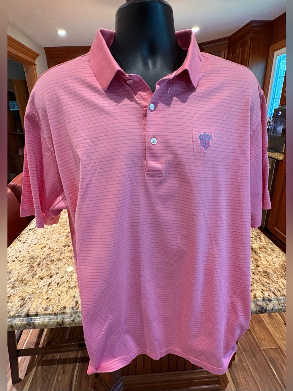 Peter Millar men’s golf polo. Sharp pink with micro blue stripes & logo. XL - Picture 2 of 6